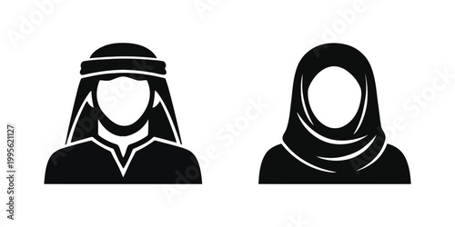 Arab Man and Woman Avatar Icons in Minimalist Black and White Vector Style