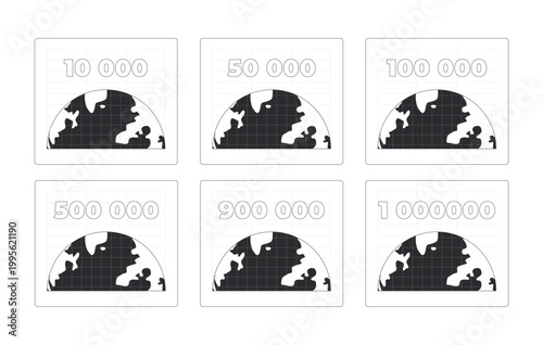 Population counters modern line style data visualization element set. Numeric metrics. Global stats. Earth data. Black and white monochrome web design. Minimalist user interface component collection