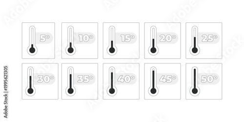 Thermometer temperature from 5 to 50 degrees modern line style data visualization element set. Environmental monitoring. Black and white monochrome web design. Minimal interface component collection