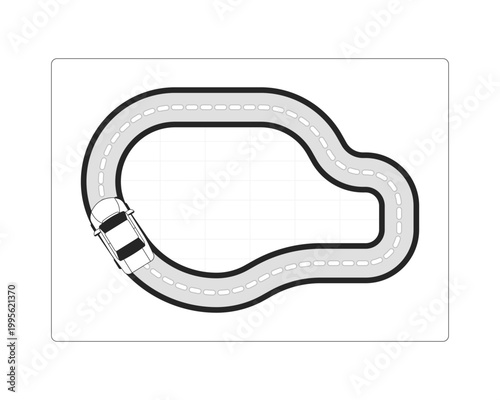 Driving route modern line style data visualization element. Top view of car moving along winding road path. Auto journey. Black and white monochrome web design. Minimalist user interface component