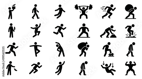 Light vs Heavy Motion Silhouette Icon Set, Minimalist Black Vector Weight and Movement Contrast