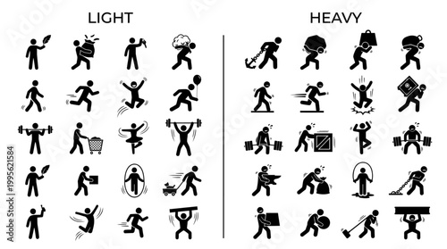 Light vs Heavy Motion Silhouette Icon Set, Minimalist Black Vector Weight and Movement Contrast