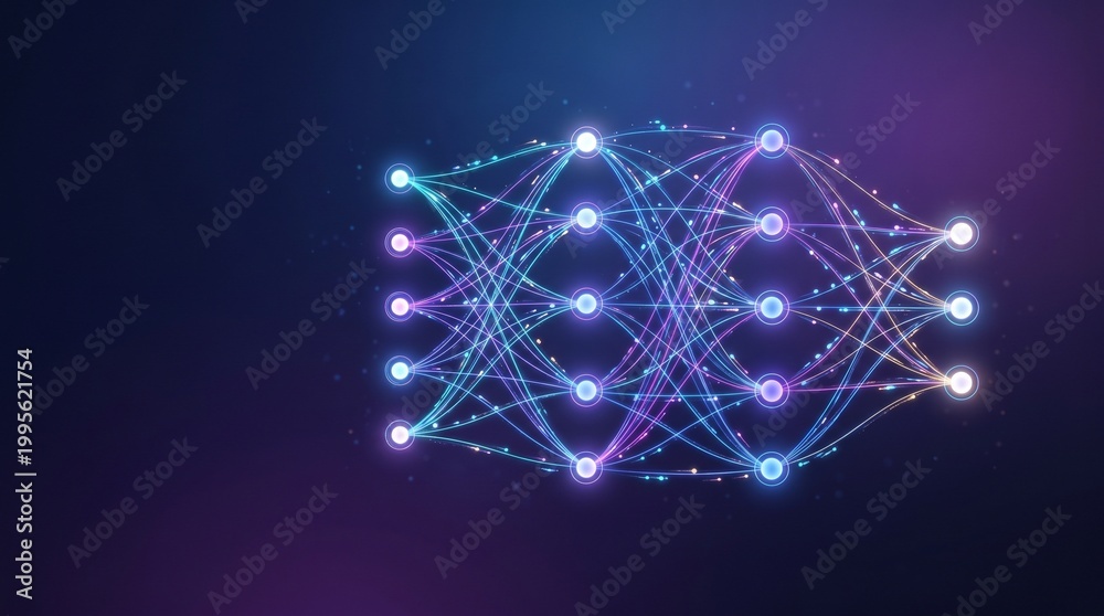 Fototapeta premium Abstract neural network visualization representing deep learning artificial intelligence connectivity with glowing neon nodes and interconnected data flow lines