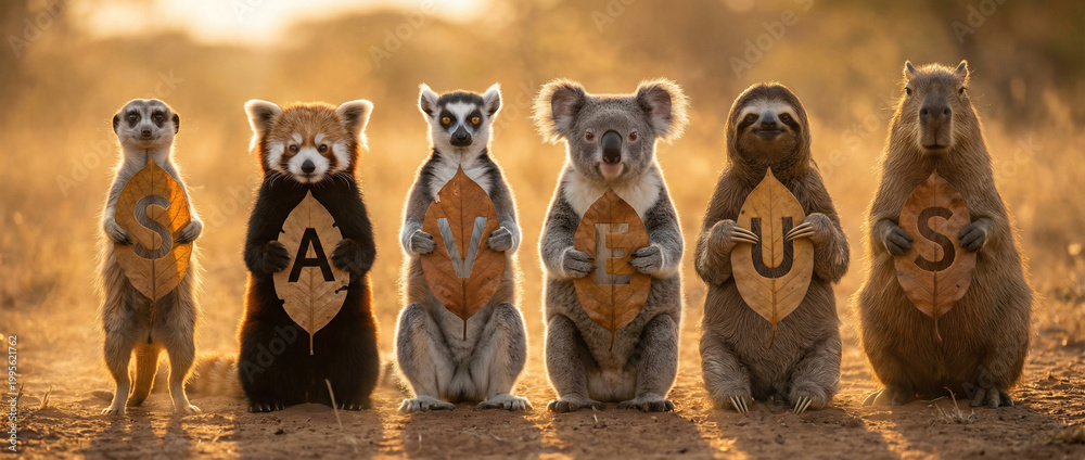 Fototapeta premium Cute wild animals holding leaves spelling SAVE US, symbolizing environmental protection, wildlife conservation, and urgent call to protect nature, biodiversity, and endangered species in a warm natura