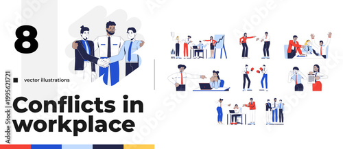 Conflicts in workplace cartoon flat illustrations bundle. Professional mediation. Power struggle. Arguments between colleagues 2D images isolated on white. Collection vector drawings colorful