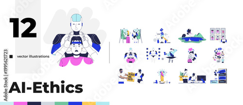 AI ethical concerns cartoon flat illustrations bundle. Personal data issues. Algorithm bias. Artificial intelligence in daily life 2D images isolated on white. Collection vector drawings colorful