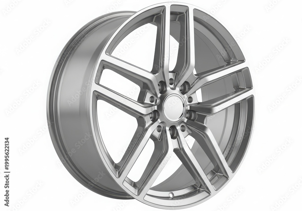 Obraz premium A shiny silver alloy wheel with a multi-spoke design and a central hubcap.
