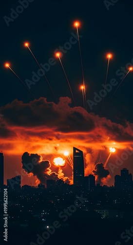 City skyline at sunset and night with smoke from factories, industrial plants, and urban silhouette under cloudy sky