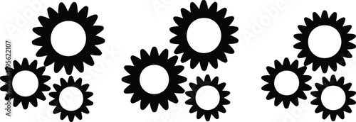 Mechanical Gear Cog Vector Icon Set Featuring Black Silhouette Industrial Wheel Shapes for Engineering Technology Process and Business Teamwork Concepts