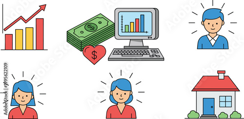 Business growth vector illustration set featuring financial bar charts money stacks computer analytics and professional characters for investment and real estate branding design