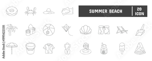 20 Summer Beach Line Icon Illustration Set