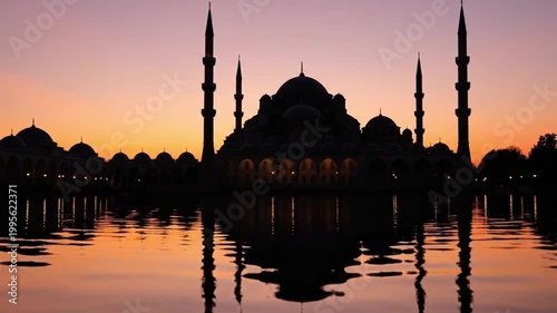 Grand Mosque Silhouette Reflected in Water at Sunset - Spiritual Islamic Architecture Landscape
