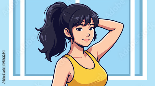 Vibrant vector illustration of a smiling young woman with a ponytail, wearing a yellow tank top. Perfect for fitness and lifestyle designs