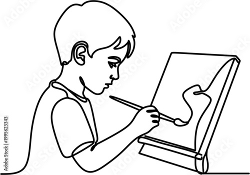 Continuous Line Drawing of Little Boy Painting on Canvas with Brush Artist Concept