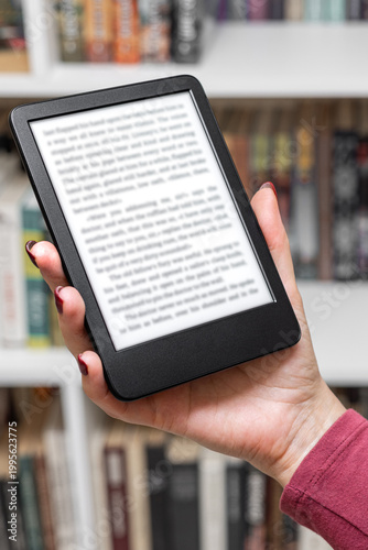 a woman holds an e-book in her hand, close-up. an e-book against the background of paper books. A woman reading an e-book at home. Vertical photo