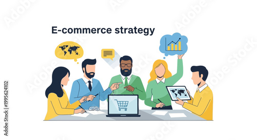 Team discussing e commerce strategy with charts and world map icons