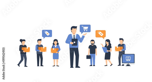 Team discussing shopping cart icon with various tag and box icons vector illustration
