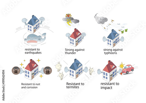 地震や災害に強い安心住宅を表現したアイコンセット素材