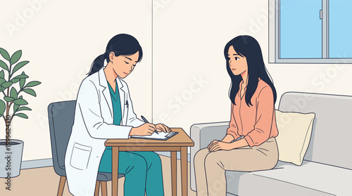 A female doctor provides medical consultation to a woman patient in a quiet office, discussing healthcare