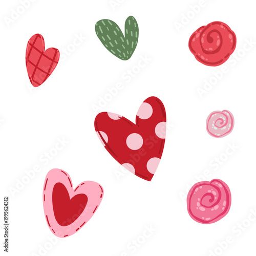 Collection of cute heart shapes and candy-like decorative elements in a playful style. Ideal for Valentine’s Day designs, patterns, greeting cards, and romantic branding.