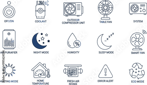 Foto Air conditioning and climate control icons set featuring cooling, heating, humid