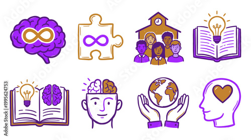 Collection of hand-drawn icons representing knowledge, learning, and human connection