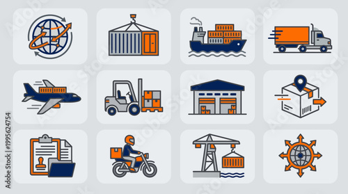 Logistics and Shipping Icons Global Delivery, Cargo, Transport, and Supply Chain Services
