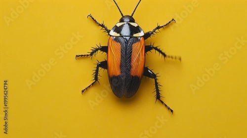 Colorful eublaberus posticus cockroach moving its legs and antennae on a vibrant yellow background