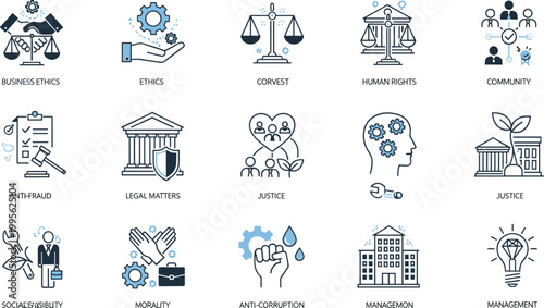 Business ethics and justice line icons set featuring compliance, anti corruption, human rights, corporate governance, law, and social responsibility concepts