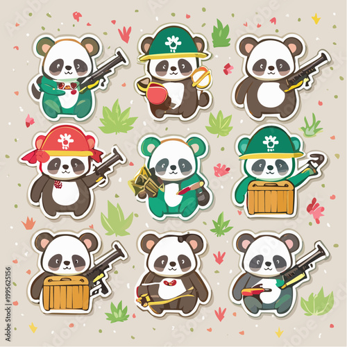 Cute Panda Characters with Weapons and Gear