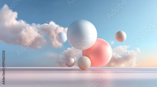 Colorful Spheres Floating Above a Calm Surface Under Blue Sky