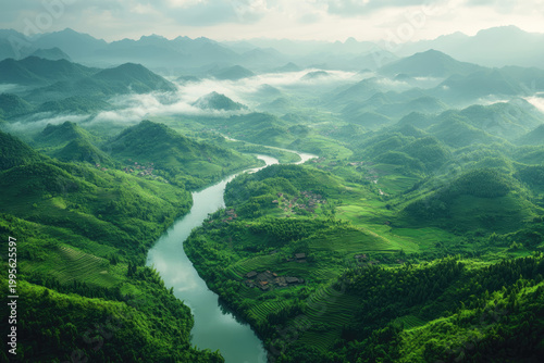 Sunlit Hills and Villages Beneath a Journey Through the Sky