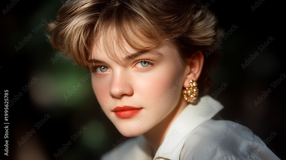 Fototapeta premium Young Woman with Short Hair and Bold Earrings in Natural Light