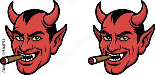 Red Devil Face Mascot Vector Illustration Smoking Cigar Featuring Sharp Horns and Evil Grin for Bold Tattoo Art or Gaming Logos