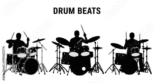 Drummer silhouettes performing energetic rhythms on a white background