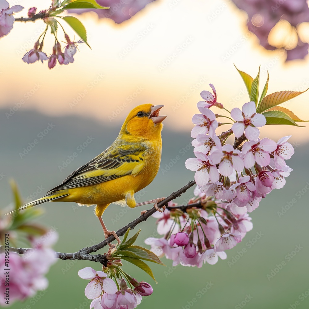 Obraz premium Vibrant yellow warbler perched on blooming lilac branch in soft morning light bird flowers spring