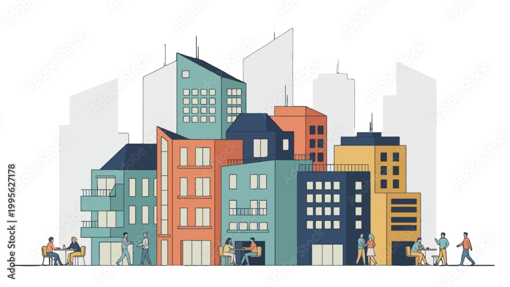 Fototapeta premium A vibrant illustration of a diverse city skyline with various modern buildings and small figures of people interacting.