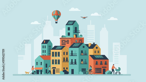 A vibrant illustration of a modern, eco-friendly city skyline with colorful buildings and people enjoying outdoor activities.