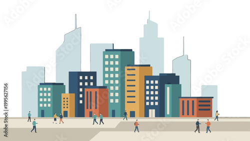 A vibrant illustration of a modern city skyline with diverse buildings and people walking in the foreground.