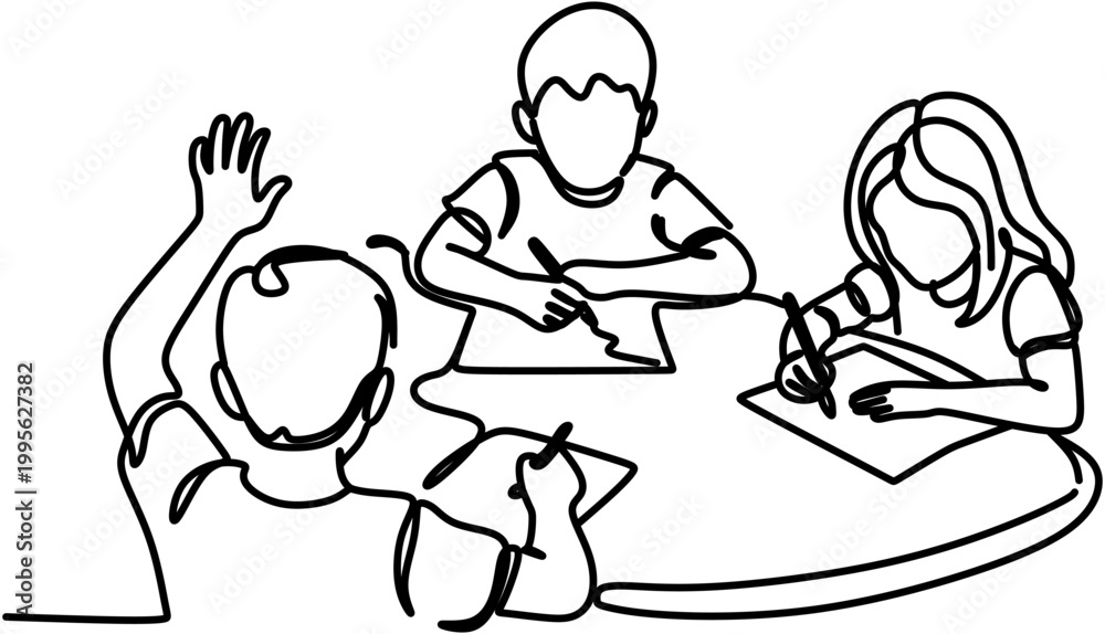 Fototapeta premium Continuous Line Drawing of Group of Children Studying and Drawing Together in Classroom