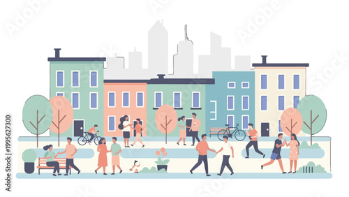 A vibrant illustration of a diverse group of people enjoying a sunny day in a city park with colorful buildings in the background.