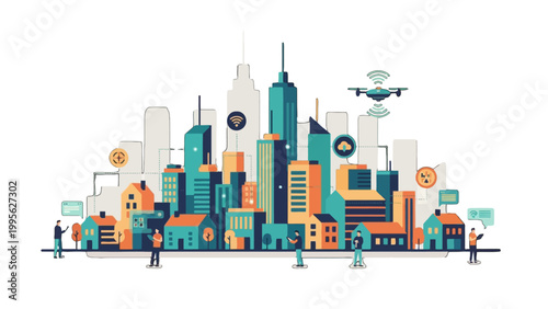Illustration of a futuristic smart city with interconnected buildings, drones, and people using technology.