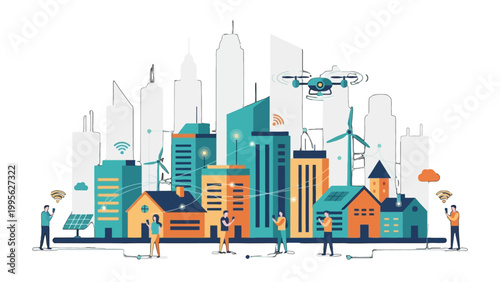 Illustration of a smart city with futuristic buildings, renewable energy sources, and people interacting with technology.