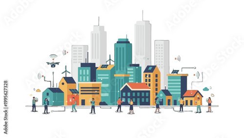 Illustration of a smart city with modern buildings, renewable energy sources, and people interacting with technology.