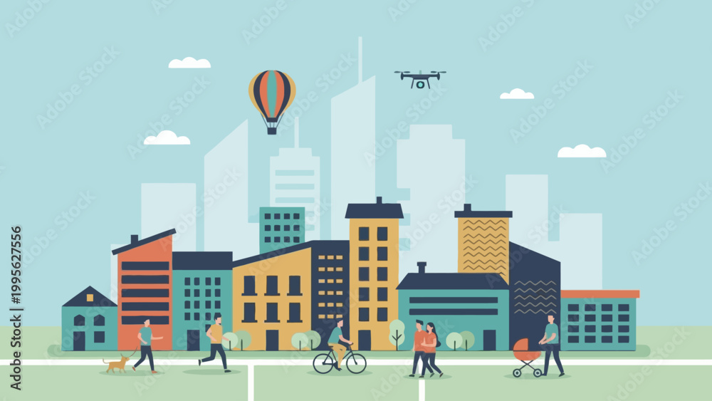 Obraz premium A vibrant cityscape illustration featuring diverse buildings, people engaging in leisure activities, and futuristic elements like a drone and hot air balloon.