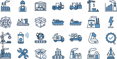 Industrial manufacturing and logistics line icon set featuring factory production, supply chain, automation, shipping, engineering, and energy industry concepts