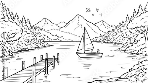 Line art illustration of a sailboat on a calm lake with mountains in the background a wooden pier evergreen