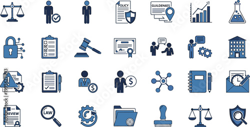 Legal and compliance icons set featuring law, policy, governance, audit, documentation, justice, and regulatory business concepts