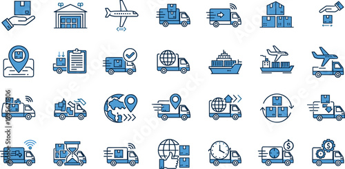Logistics and delivery line icon set featuring shipping, warehouse, cargo transport, tracking, global distribution, and supply chain management concepts