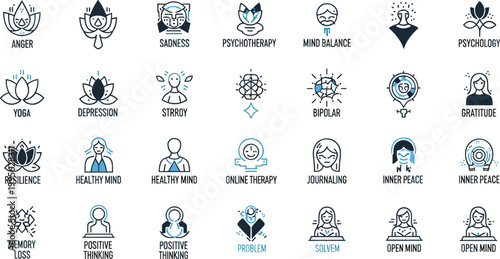 Mental health and mindfulness icons set featuring psychology, therapy, depression, meditation, emotional wellbeing, stress relief, and personal growth concepts